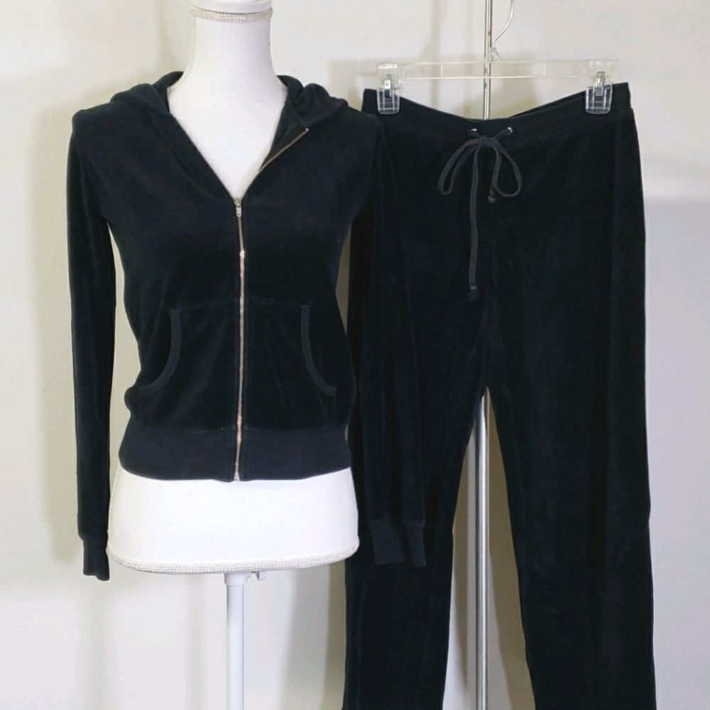 Velour Set Zip Up Hoodie with Pants, Black